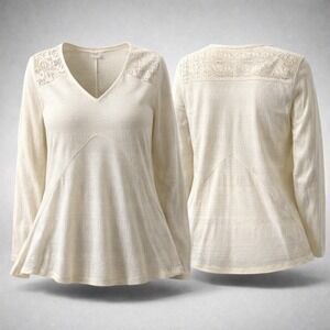 Self Esteem Womens XL Cream Ivory Lace Shoulder V-Neck Long Sleeve Textured Top